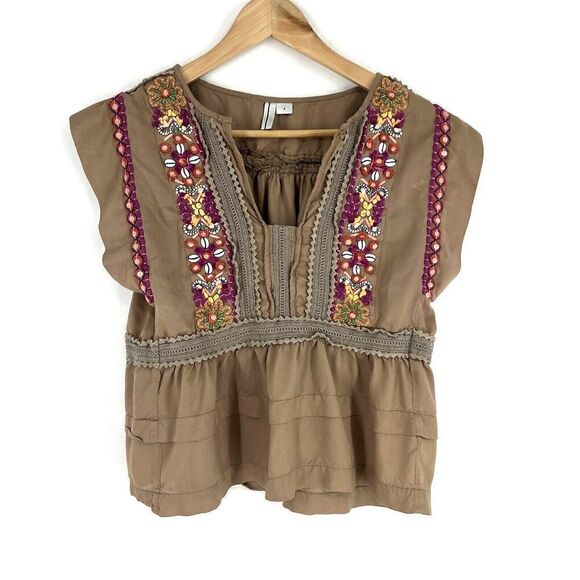 Anthropologie Blank London Top Size Small Brown Sedona Blouse Embroidered Shirt - Picture 1 of 9